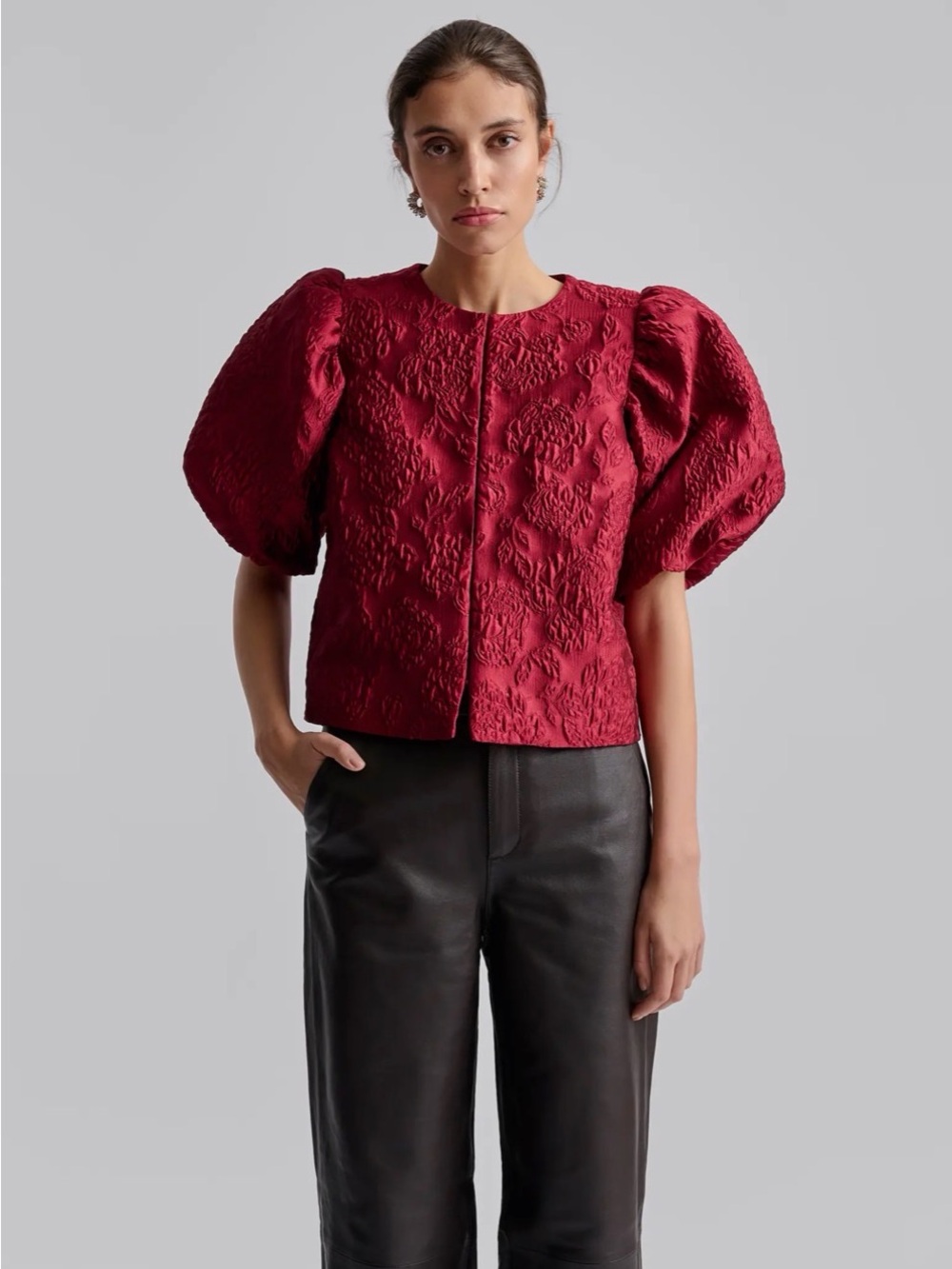 By Malina Textured Puff-Sleeve Blouse in Burgundy size M NWT